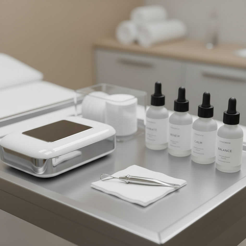 A sophisticated, close-up shot of a professional esthetician’s trolley focused on advanced skin health tools: a glossy white microcurrent device, a polished stainless-steel extractor resting on a folded sterile gauze pad, neatly stacked cotton rounds in a clear acrylic holder, and a row of labeled treatment solutions in frosted glass bottles with minimalist typography. The trolley surface is smooth, brushed metal, reflecting soft highlights. The background is a blurred, neutral-toned treatment room. Cool, diffused studio lighting from the right creates subtle reflections on the metal and glass, while keeping the overall mood calm and clinical-chic. Photographic realism, captured at a three-quarter angle with shallow depth of field, highlighting precision, professionalism, and advanced care without appearing harsh or intimidating.