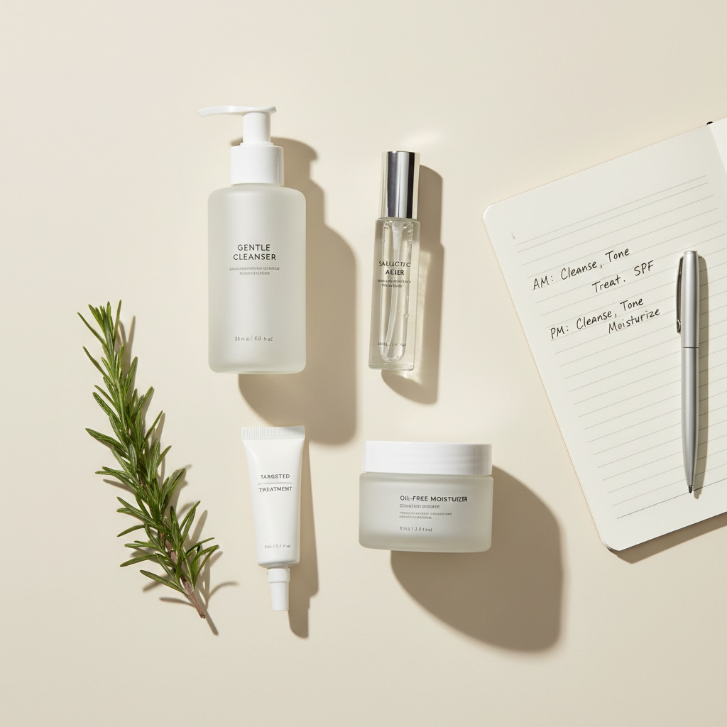 A refined flat-lay of an acne-focused skincare routine arranged on a smooth, pale beige background: a gentle cleanser in a semi-opaque pump bottle, a clear salicylic acid toner in a slim cylinder, a small targeted treatment tube, and an oil-free moisturizer in a low, matte jar. Beside them lies a minimalist notepad with a handwritten skincare plan partially visible, along with a slim silver pen and a sprig of fresh rosemary for a natural touch. Soft overhead studio lighting creates delicate, even illumination with almost no harsh shadows, enhancing the sophistication of the packaging. Photographic realism with a clean, editorial feel, composed with generous negative space and subtle diagonals leading the eye across the regimen, suggesting customized, thoughtful esthetician guidance for acne solutions.