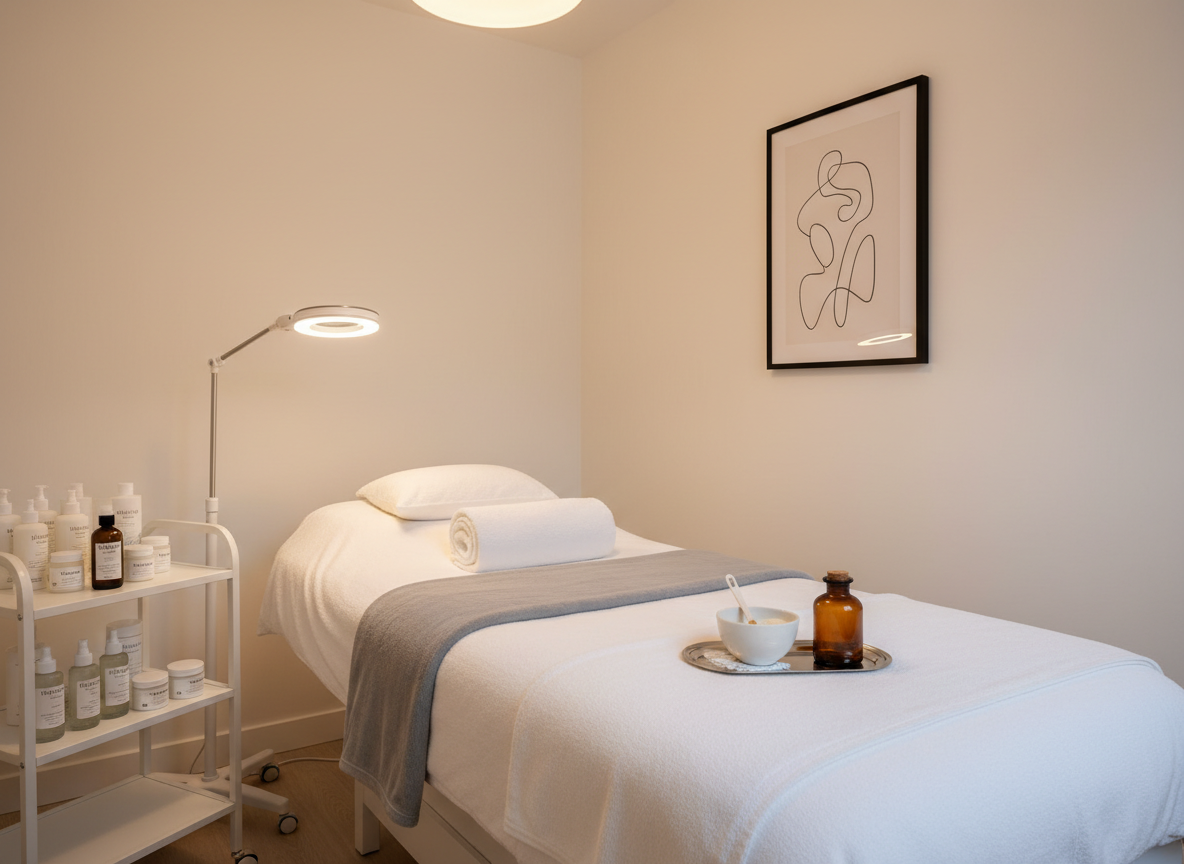 An elegant treatment-room scene without any people, showing a perfectly made esthetician bed draped in layered white and dove-grey linens, with a neatly rolled towel at the head and a small tray holding a fan brush, mask bowl, and amber glass bottle. The walls are painted a soft, warm white, and a single abstract line drawing hangs in a slim black frame. A discreet magnifying lamp and a sleek, white skincare trolley with neatly arranged bottles stand to one side. Warm, diffused overhead lighting and a hint of indirect daylight create a calm, even glow, with soft shadows under the bed. Photographic realism, captured at eye level with balanced composition, conveying a tranquil, high-end clinical spa atmosphere focused on skin health.