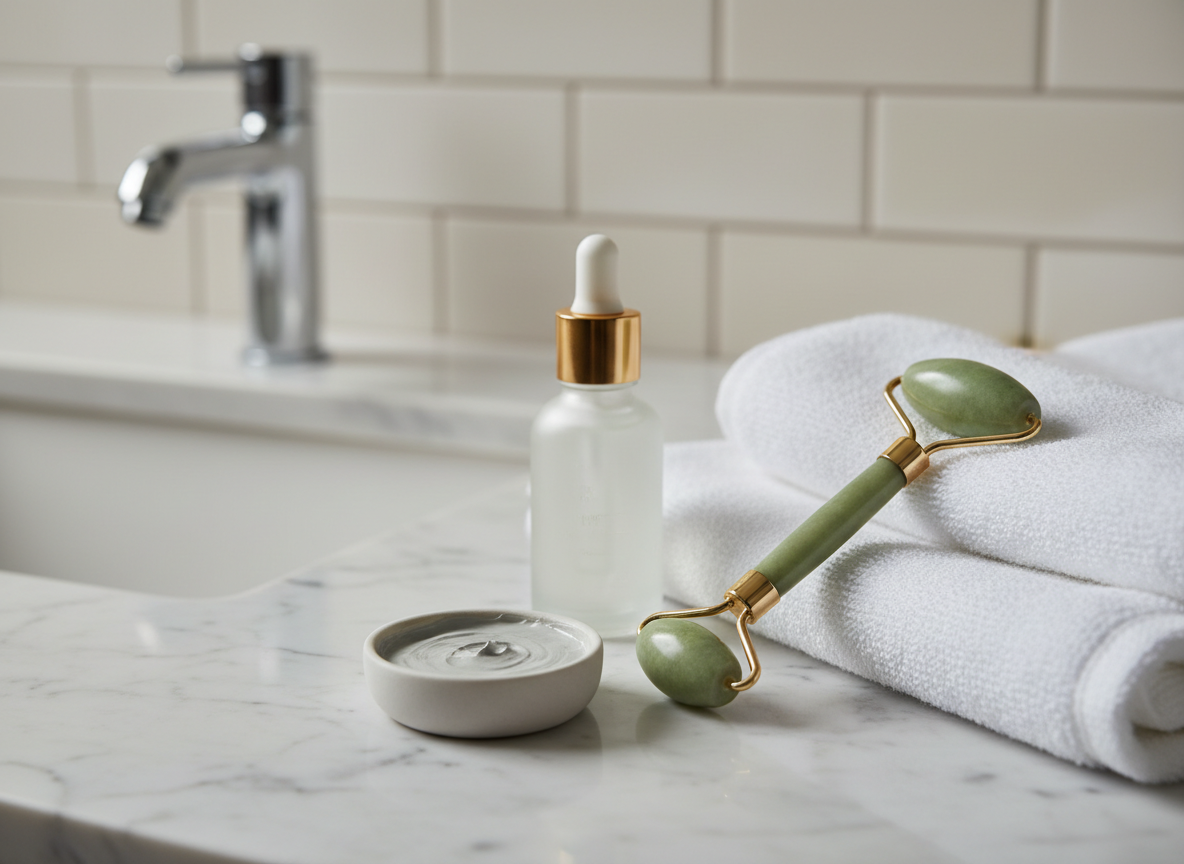 A close-up of a flawless, freshly cleansed bathroom sink vignette featuring a folded, plush white towel topped with a jade facial roller, a translucent glass dropper bottle of serum, and a small, matte-white dish filled with a velvety clay mask. The counter is pale marble with subtle grey veining, and the backsplash is composed of soft, warm-white subway tiles. Diffused natural light from the left gently illuminates the scene, emphasizing textures and causing a soft gleam on the roller’s polished stone. The mood is serene and spa-like, with a sophisticated, minimalist atmosphere. Photographic realism, shot from a slightly elevated angle following the rule of thirds, with crisp focus on the roller and serum while the tiles and faucet melt into a smooth, elegant blur.