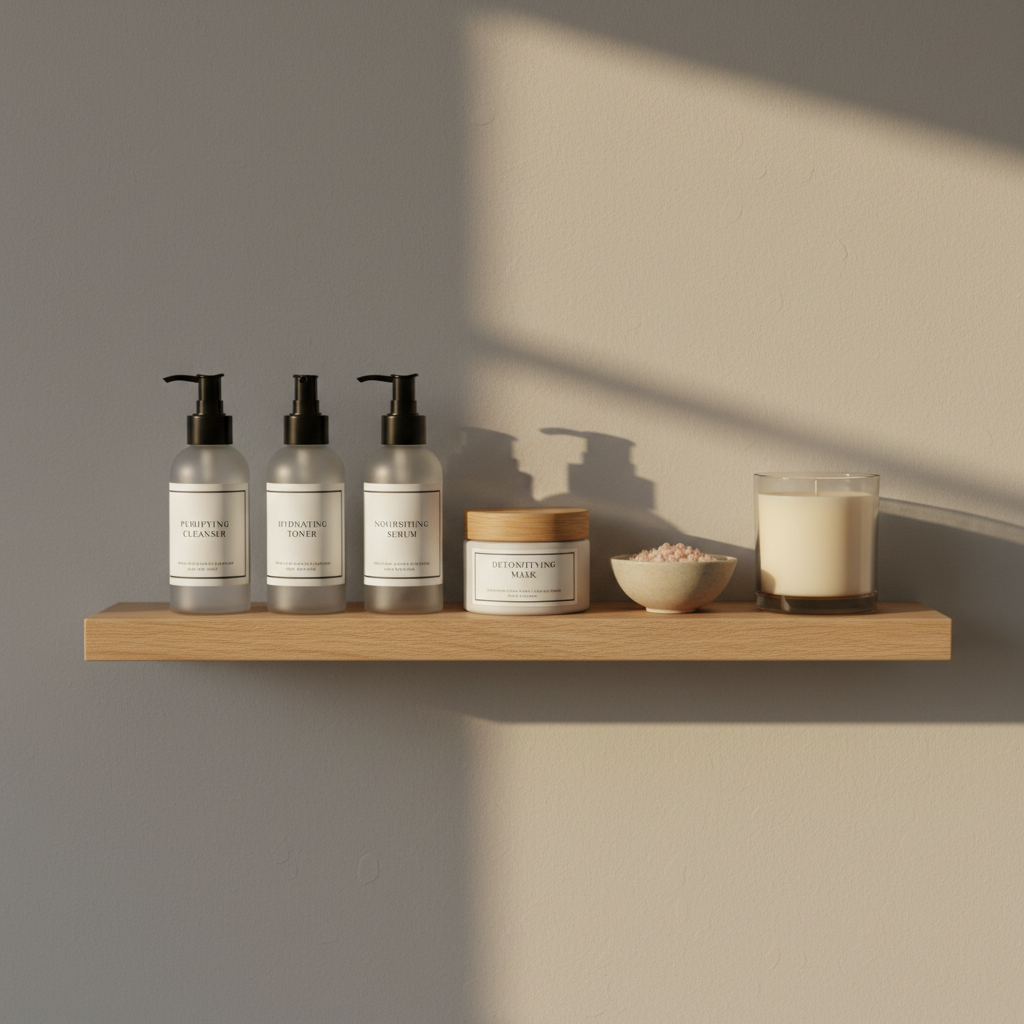 A serene bathroom shelf styled as an at-home extension of professional esthetician care, featuring neatly arranged custom-labeled skincare products in frosted glass and matte-white containers, a small sand-colored ceramic bowl filled with pink mineral salts, and a single ivory candle in a heavy glass jar. The shelf is light oak with a finely sanded finish, set against a soft greige wall. Gentle late-afternoon natural light enters from the right, casting elongated, feather-soft shadows and a warm, sophisticated glow. Photographic realism with a minimalist, Scandinavian-inspired aesthetic, shot straight-on with precise alignment and sharp focus throughout, creating a calm, orderly composition that suggests ongoing, guided skin health rituals at home.